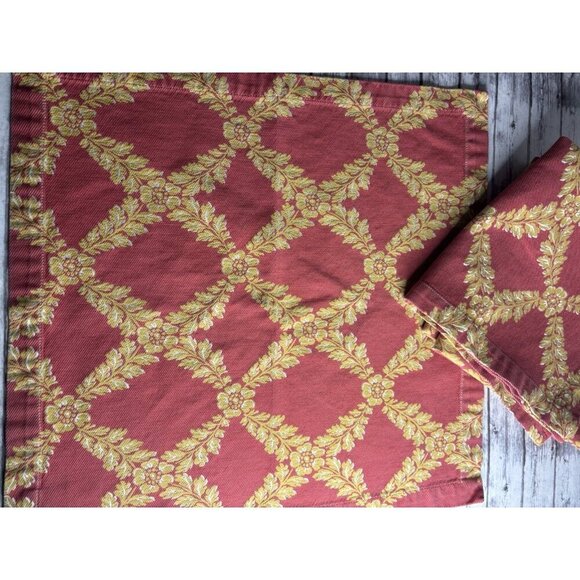 4 Cotton Damask FRETTE Gold Red Colored Cloth Napkins ITALY Leafy Florals - Picture 4 of 8